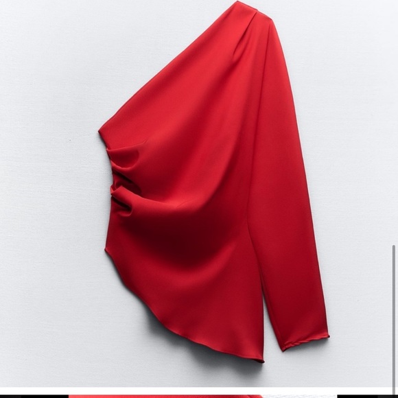 Zara NWT small red one shoulder red RUCHED ASYMMETRIC TOP - Picture 5 of 9